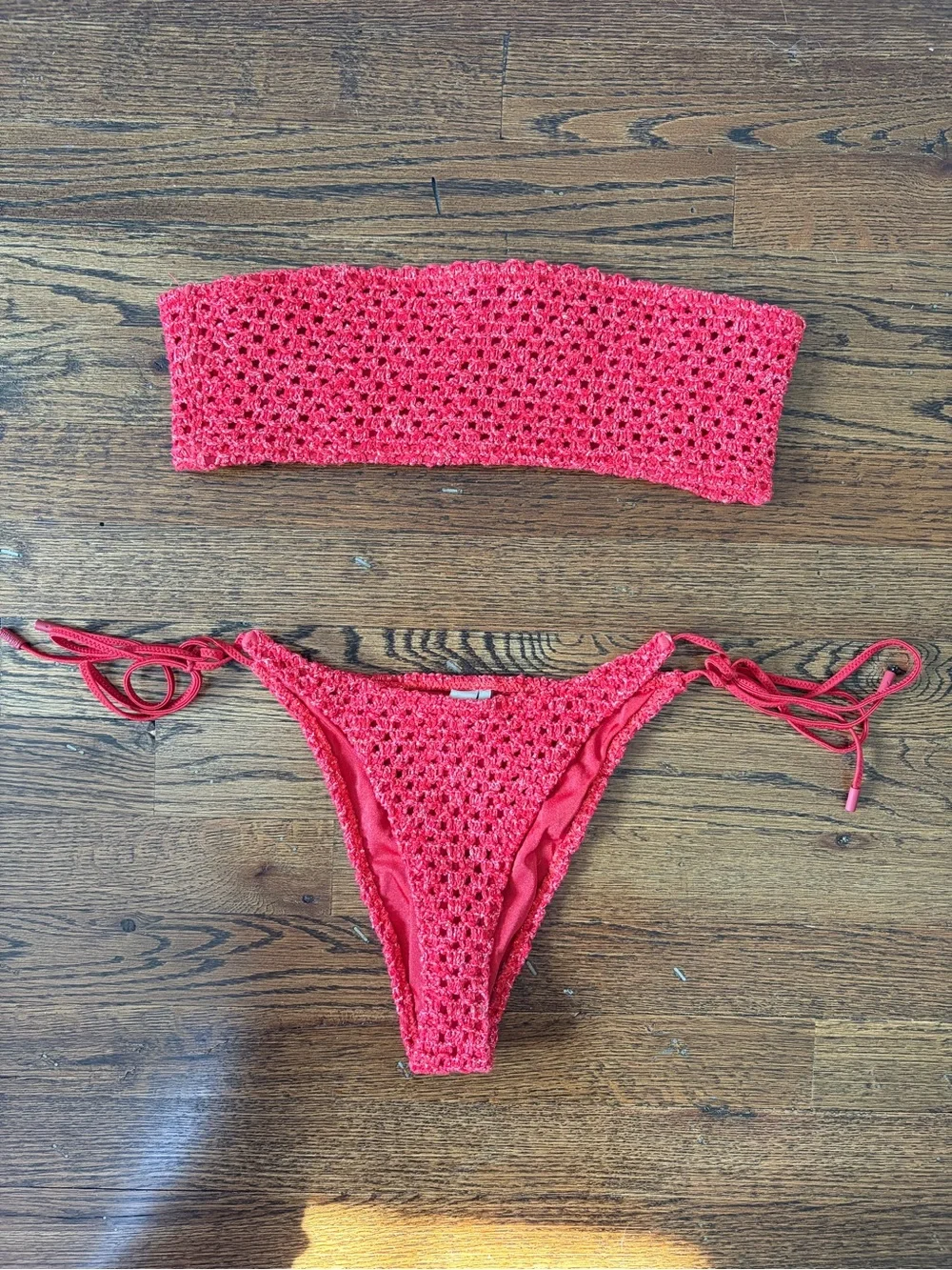 triangl swimwear Red Crochet Bandeau Bikini with Tie-Side Bottoms
